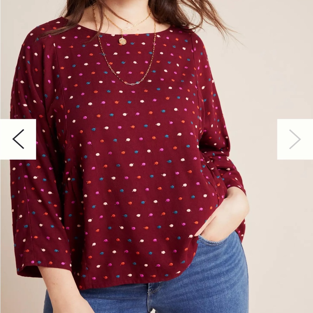 Large Maeve by Anthropologie Dottie Embroidered Blouse Burgundy Polka Dot - Picture 2 of 14